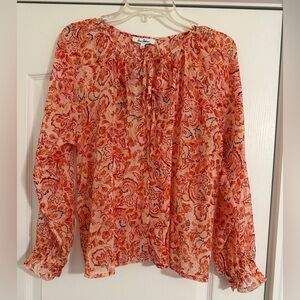 NEW Sam Edelman Women Long Sleeve Top Sheer Flowy Orange Floral Tie-Neck Blouse